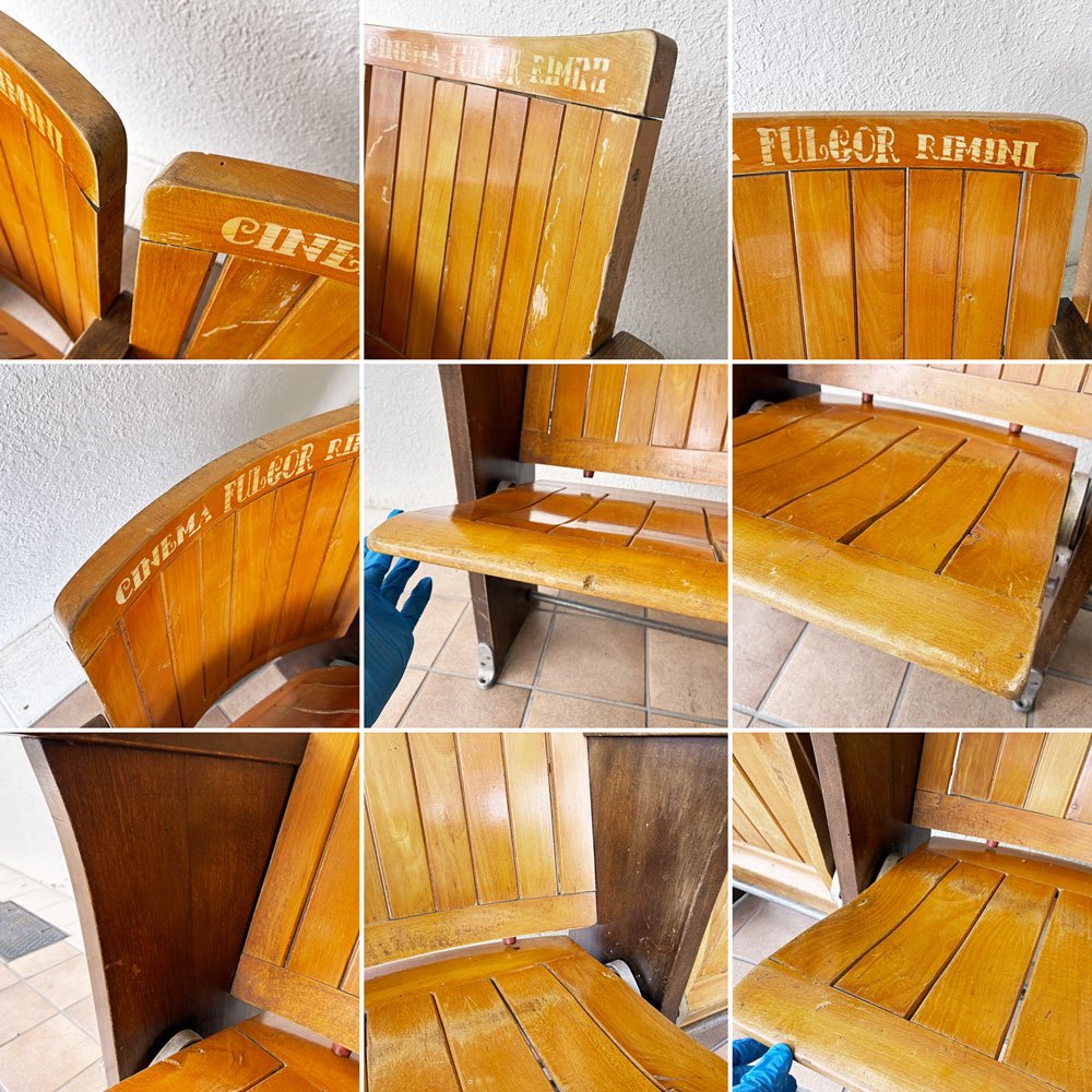 ビンテージ Vintage 木製 シアターチェア シネマチェア 2連 フォールディングチェア 跳ね上げ式 イタリア 店舗什器 H81㎝ ◇