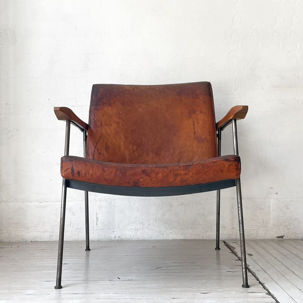 トラックファニチャー TRUCK FURNITURE ファロードレザー アームチェア FURROWED-LEATHER ARM CHAIR L-1 ブラウン ナラ無垢材 牛革 定価￥203.500- ★