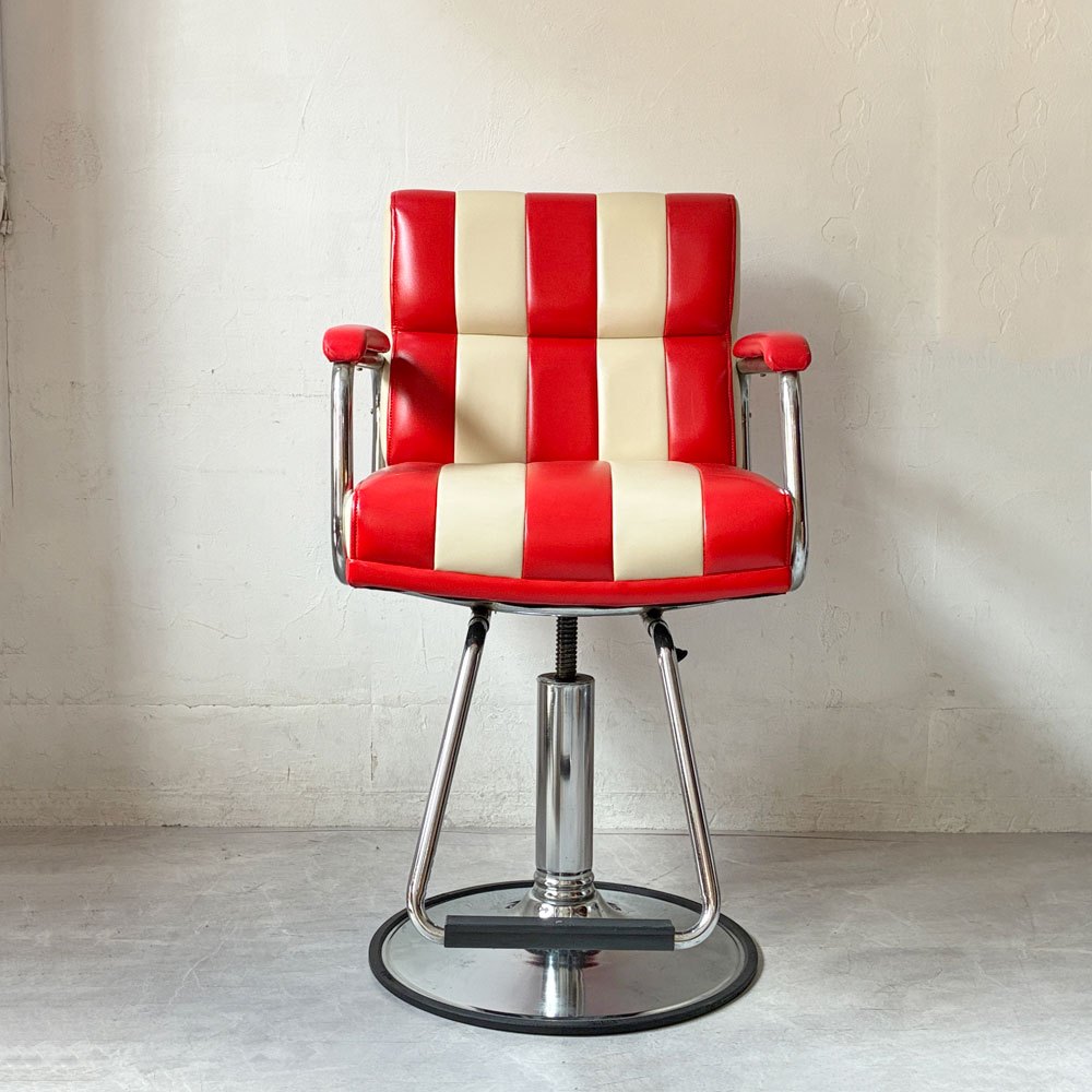 ビンテージ Vintage バーバーチェア barber chair スタイリング チェア 理美容椅子 ストライプ柄 レトロデザイン 回転式高さ調整可能 ★