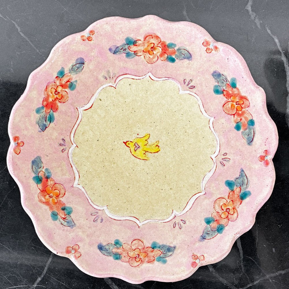 増山文 輪花絵皿 8寸 21cm ピンク 花柄 小鳥文 作家もの 現代作家 陶皿 中皿 プレート うつわ ◎