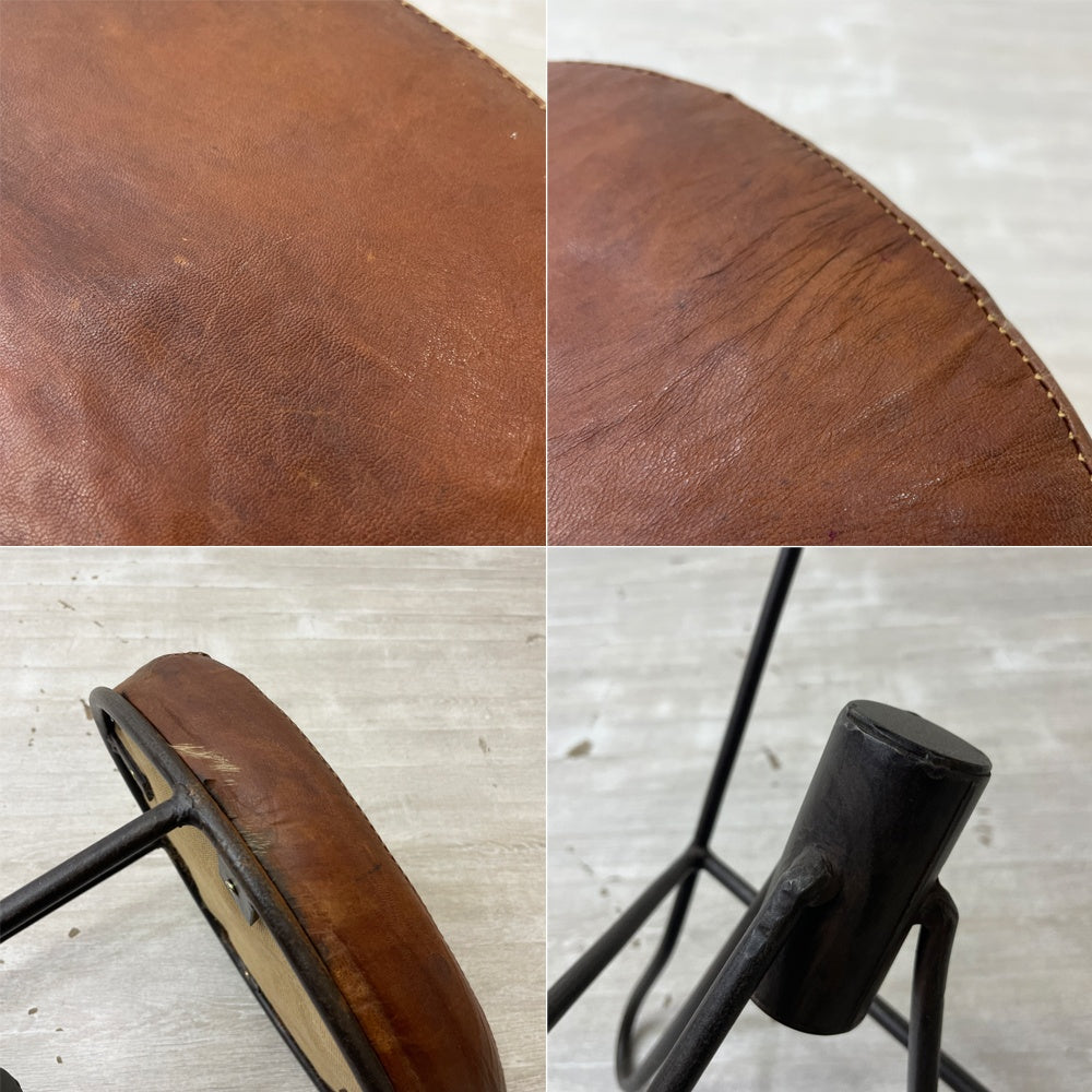 ビンテージ Vintage アイアン スツール レザー張り インダストリアルデザイン ●