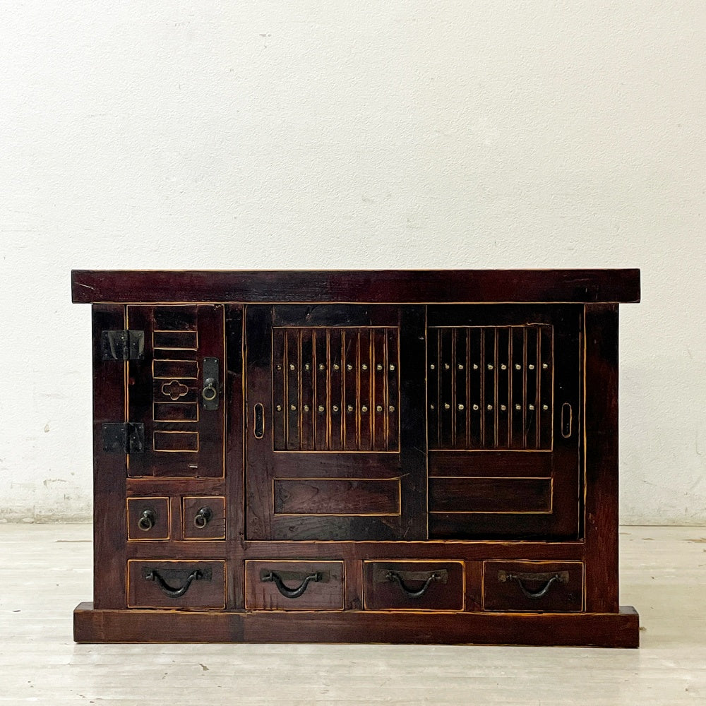 ジャパンビンテージ Japan Vintage 水屋箪笥 時代箪笥 抽斗6杯 開き戸 引き戸 W90cm 小型箪笥 和箪笥 チェスト 和家具 古家具 ●