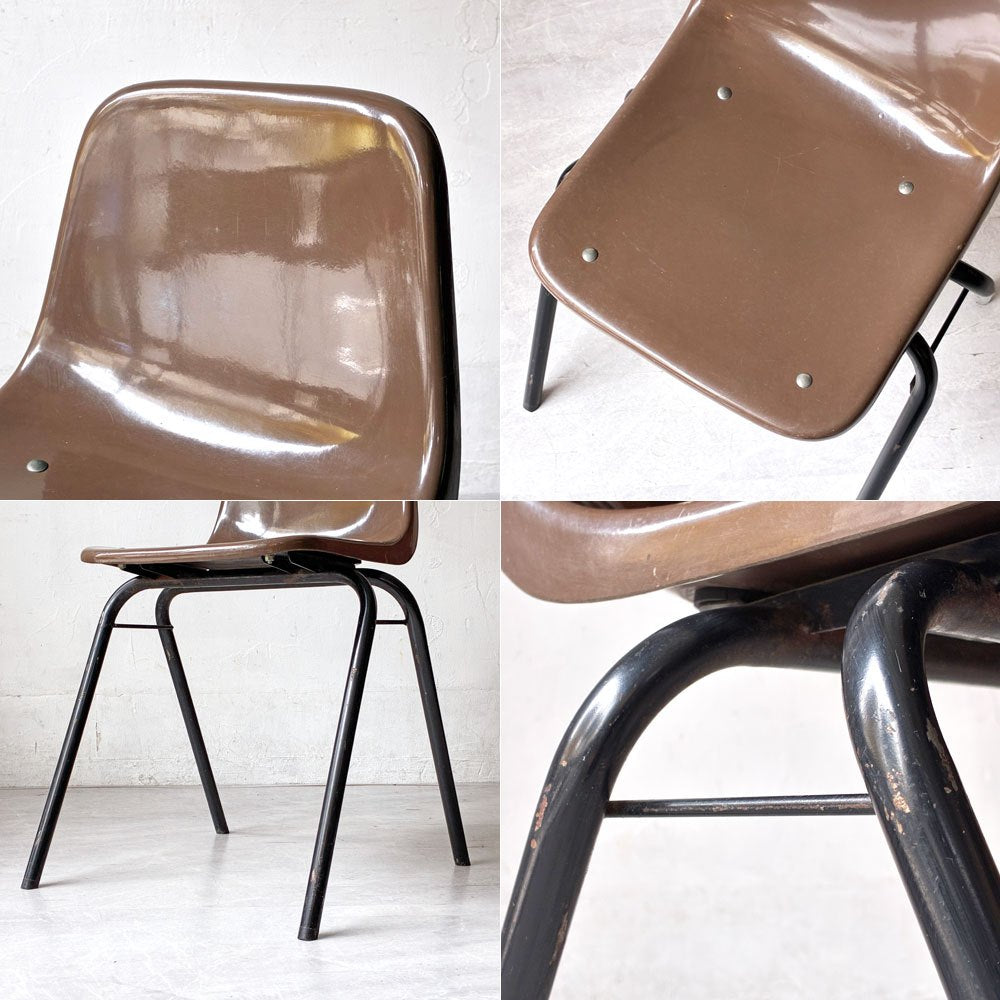 コトブキ KOTOBUKI スタッキングチェア FRP製 シェルチェア スチール脚 ブラウン 剣持勇デザイン ビンテージ ジャパニーズミッドセンチュリー C ★