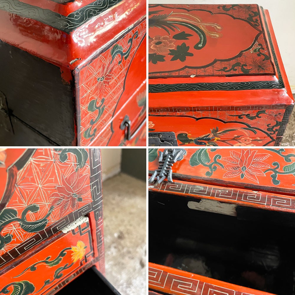 中国家具 箪笥 抽斗 収納箪笥 小引き出し ミニキャビネット ハンドペイント 朱漆 花鳥図 Ｈ60cm 錠前欠品 現状品 ■