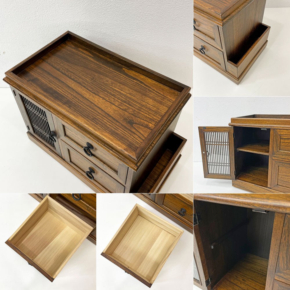 木製 小茶箪笥 小引き出し収納 桐材 鉄把手 キャスター トレイ付き ワゴン 日本家具 レトロ ●