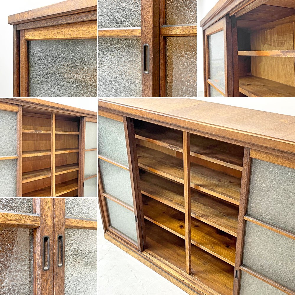 ジャパンビンテージ Japan vintage ダイヤガラス引戸 木製キャビネット 5段棚板 W171cm 古家具 レトロ ●