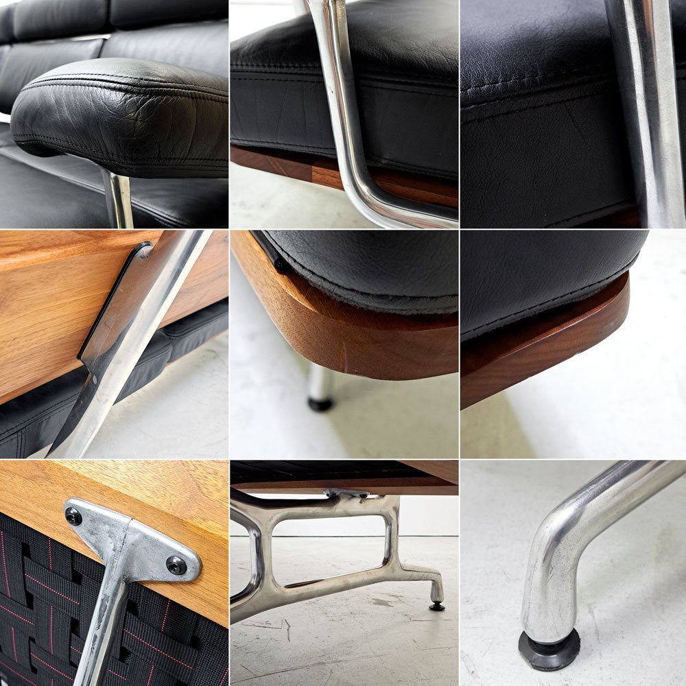 ハーマンミラー Herman Miller イームズソファ Eames Sofa 3シーター ウォールナット材 レザー ブラック C&R. イームズ ミッドセンチュリー ●