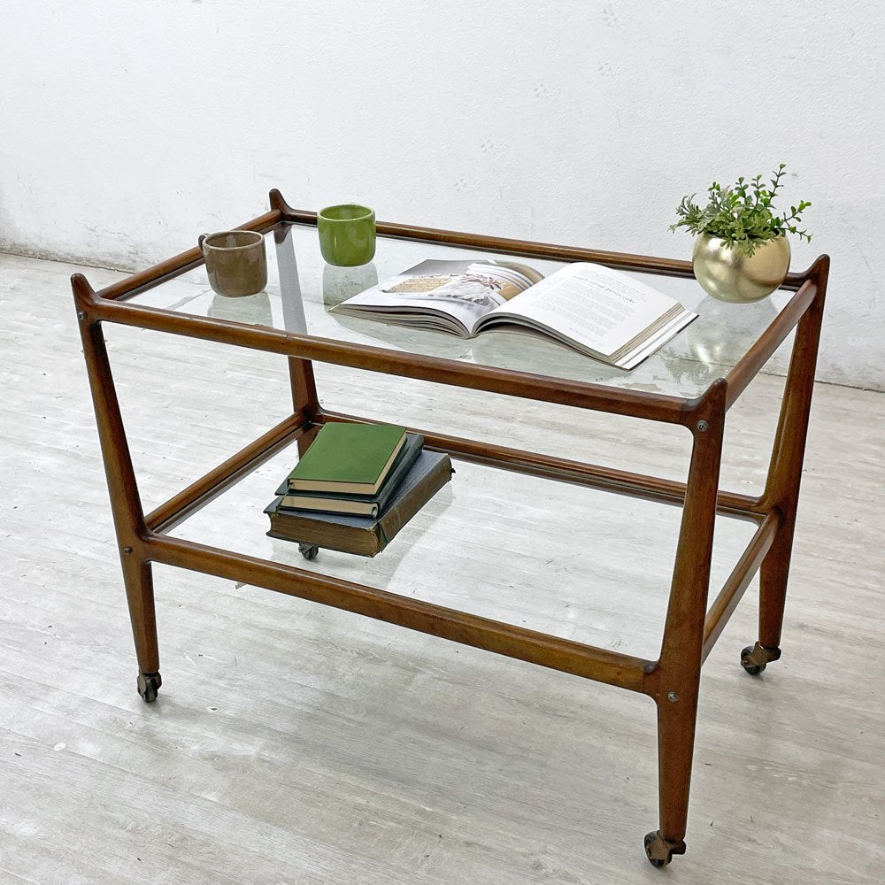 USビンテージ Vintage 木製 ガラス ワゴン 2段 キャスター キッチンワゴン サイドテーブル ディスプレイラック ミッドセンチュリー ●