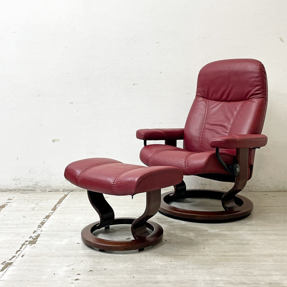 エコーネス EKORNES コンサル Consul ストレスレスチェア stressless リクライニングチェア オットマン付き クラシック レザー Mサイズ 2017年製 B ●