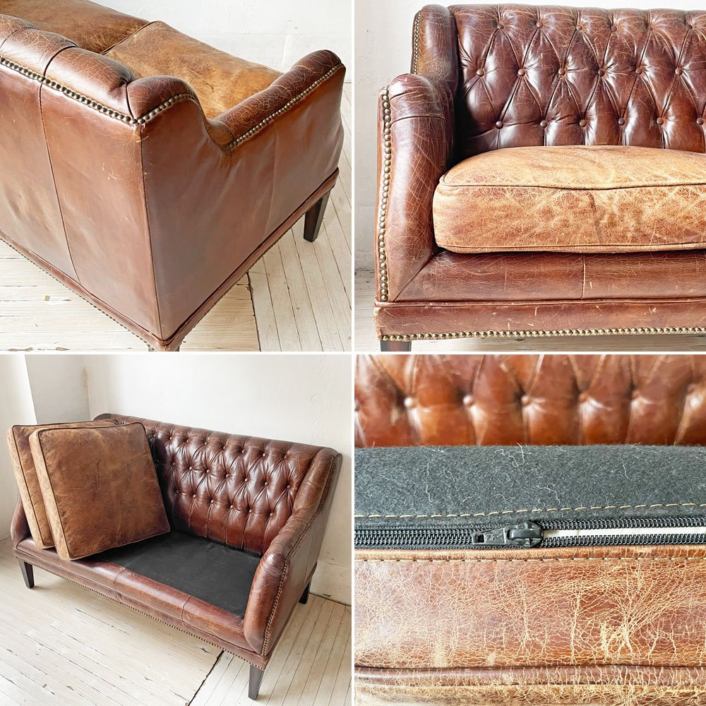 UKビンテージ チェスターフィールド 2シーターソファ ラブソファ 本革 鋲打ち スタッズ 英国家具 ★