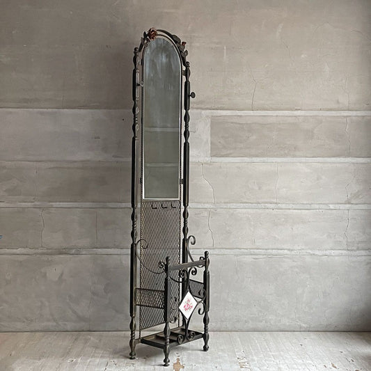 クラシカルデザイン アイアンフレーム アンブレラスタンド ミラー付き ホールスタンド レトロ ♪