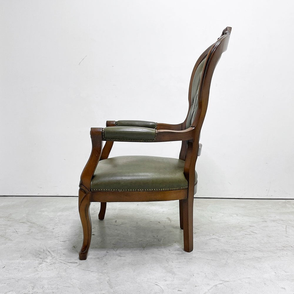クラシカルデザイン Classical Design サロンチェア アームチェア ラウンジチェア 木彫 PVCレザー グリーン系 猫脚 アンティーク調 イタリア製 ●