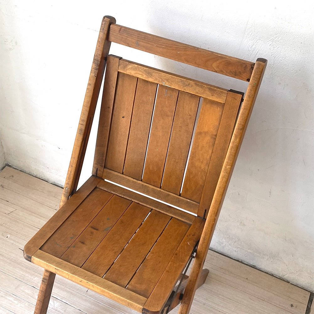 US ビンテージ スラットバック フォールディングチェア 折り畳み椅子 木味 カントリー アンティーク A ★