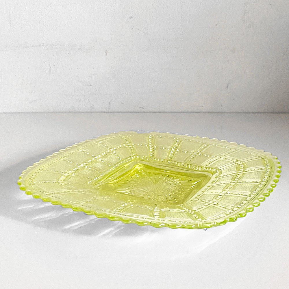 インペリアルグラス Imperial Glass ビーデッドブロック Beaded Block スクエアプレート ガラス イエロー W19.5cm USビンテージ B ■