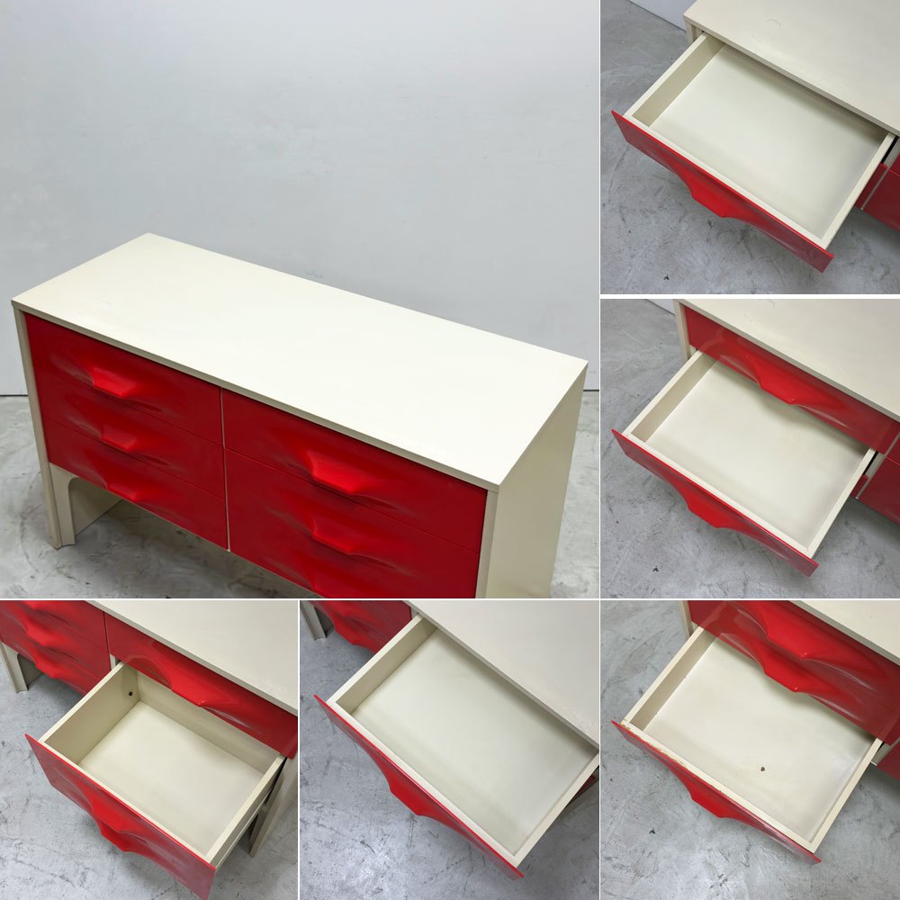 ドゥビンスキー・フレー Dubinsky Freres Raymond Loewy DF2000 5ドロワーズチェスト キャビネット プラスチック ウッドフレーム ホワイト レッド スペースエイジ モダン ミッドセンチュリー ビンテージ 希少 ●