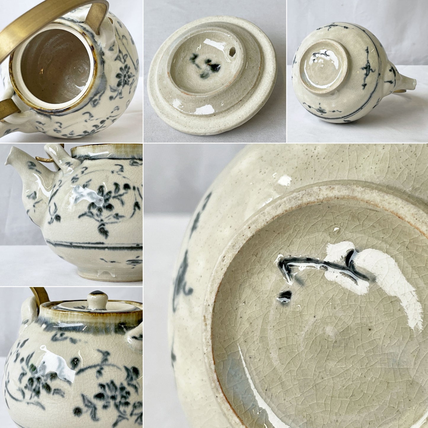 藤田佳三 染付急須 ポット 把手付き 陶器 真鍮 植物 花 現代作家 ◇