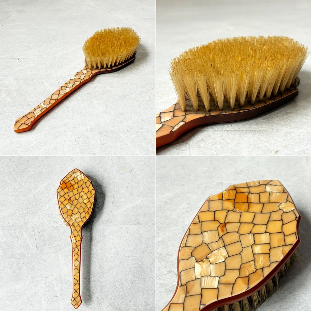 ビンテージ バニティセット ミラー＋ブラシ2点 計3点セット モザイクプラスチック 貝殻調 アンティークスタイル ★