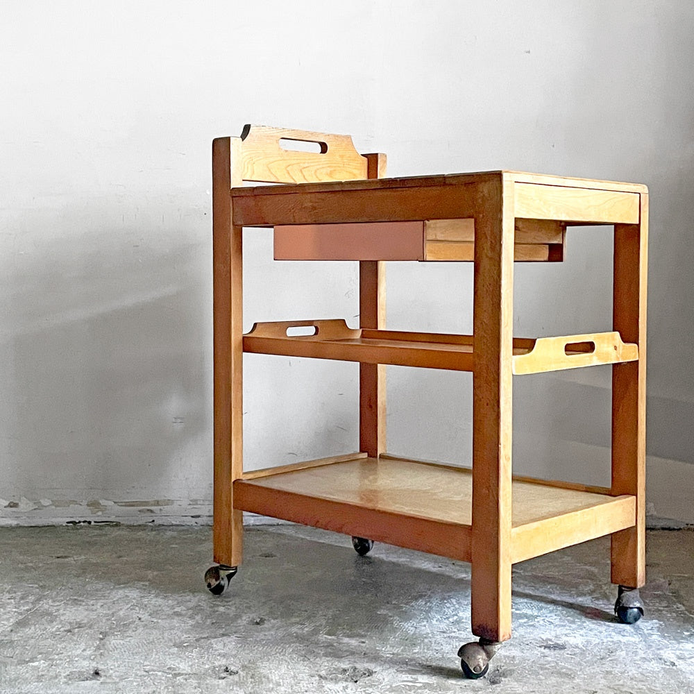 ビンテージ vintage 木製キッチンワゴン トロリー ドロワー＆トレイ付き ナチュラルスタイル ■