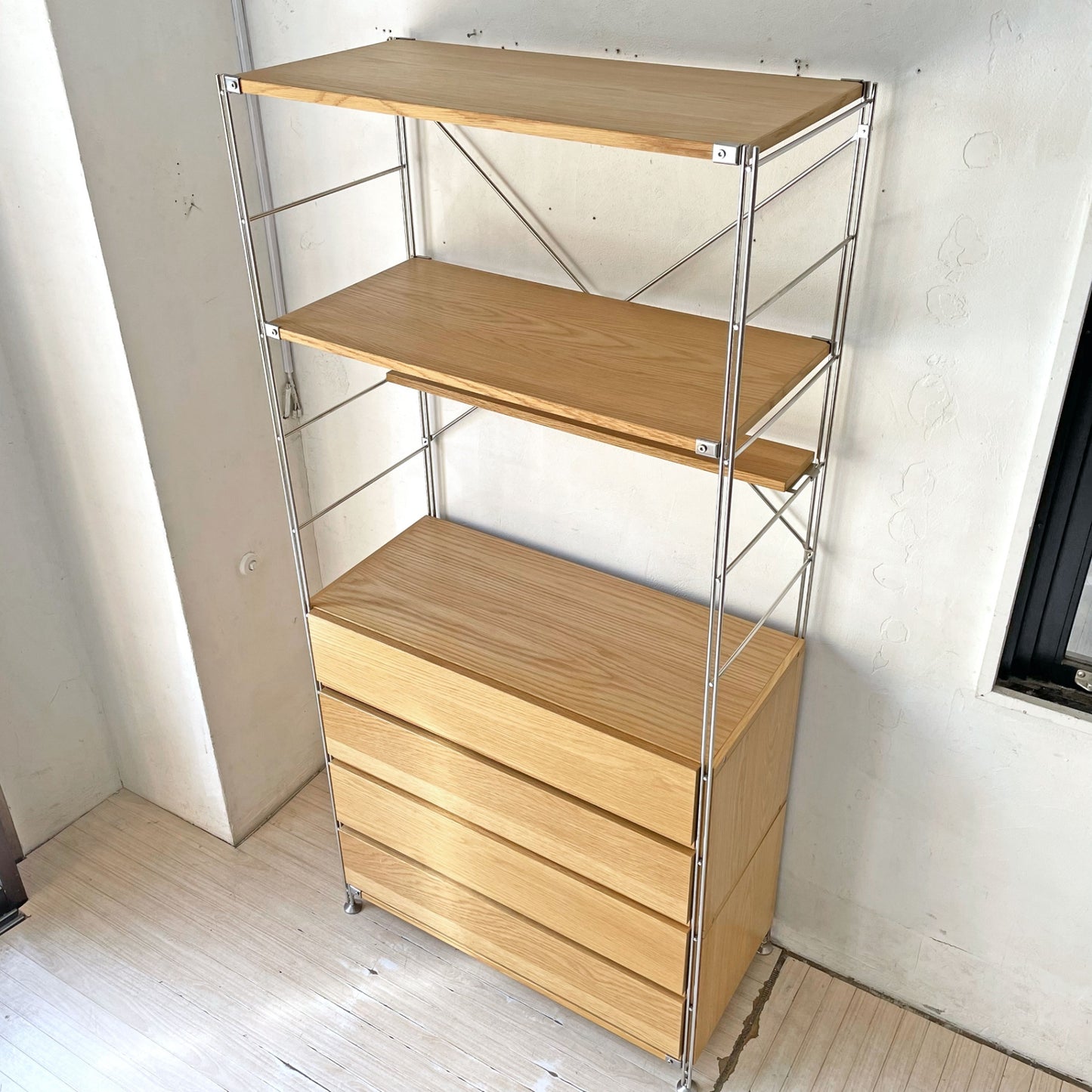 無印良品 MUJI ステンレスユニットシェルフ オーク材 棚3枚 2段引出し2個 小棚 収納家具★