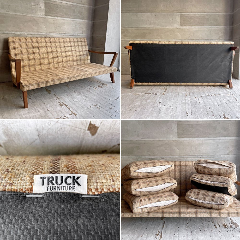 トラックファニチャー TRUCK FURNITURE 3pソファ 3人掛け ウォールナット材 フェザークッション チェック柄 レトロ ビンテージテイスト 廃番希少 ♪