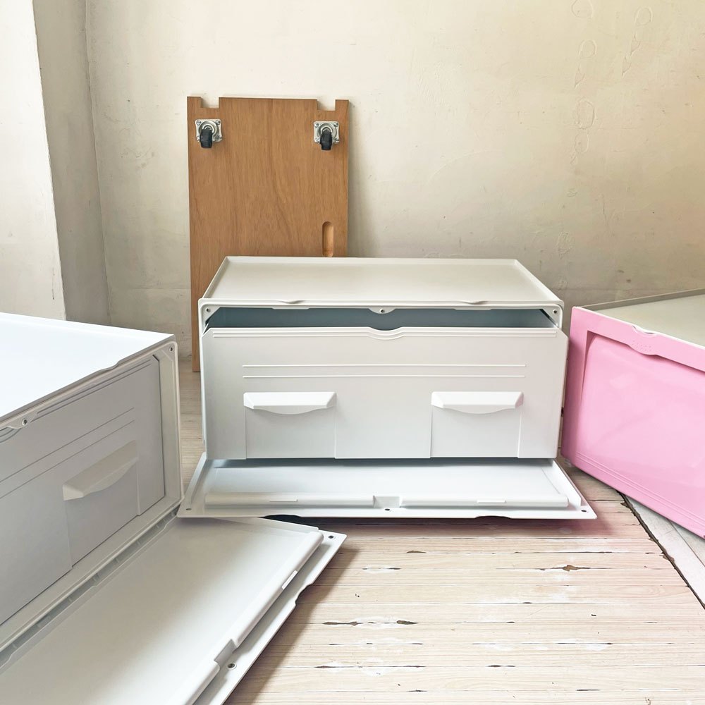 タッパーウェア Tupperware スーパーチェスト ワイド Super chest Wide 引出1段 ピンク 3段セット 専用カート付き ★