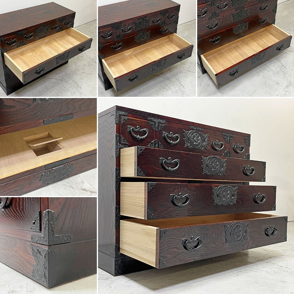 岩谷堂箪笥 整理箪笥 4段6杯 チェスト 欅材 南部鉄器金具 隠し収納 桐紋様 伝統工芸 民芸家具 和家具 ●