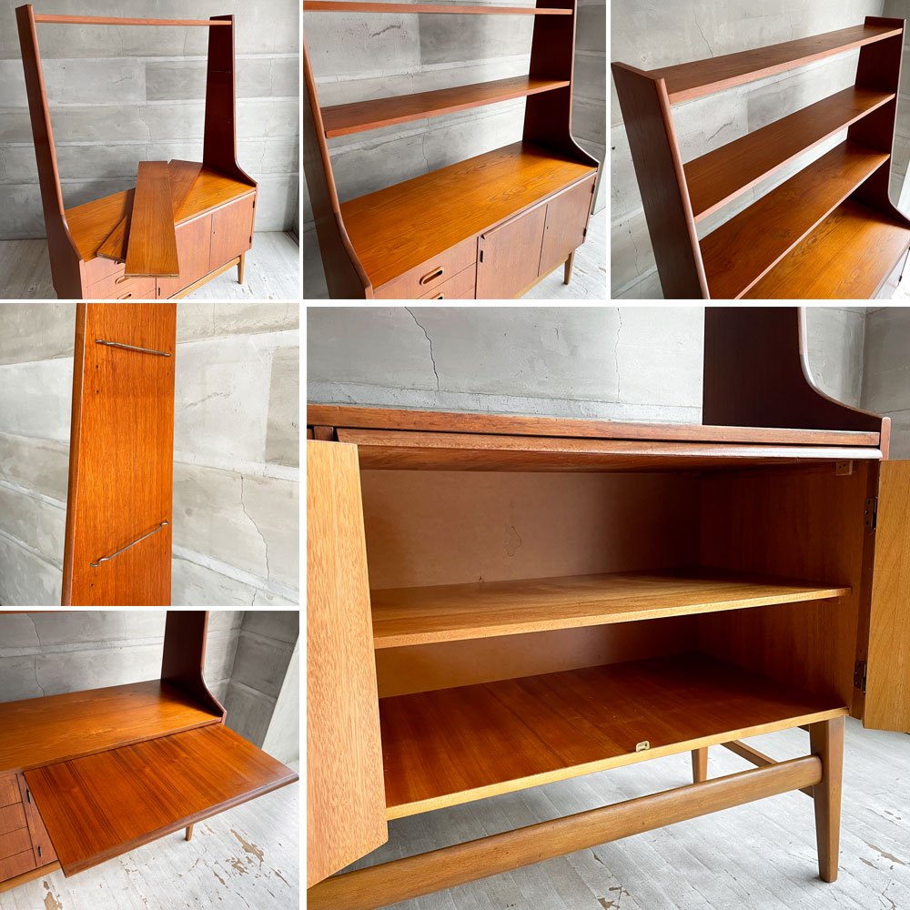 スウェーデンビンテージ チーク材 キャビネット オープンシェルフ 食器棚 飾り棚 ルームディバオダー スライド天板（ベロ付） 鍵付き ♪