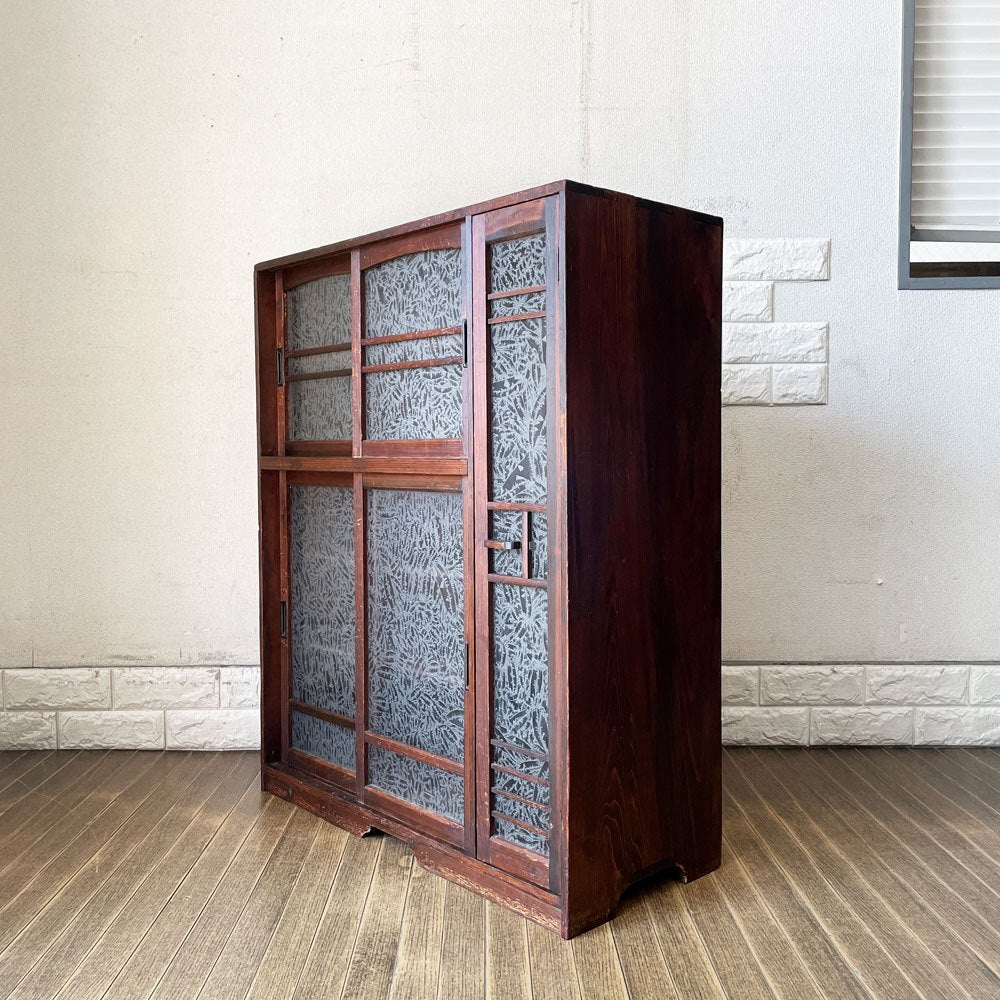 ジャパンビンテージ Japan Vintage 古い木味の食器棚 ガラスキャビネット W71.5cm 結霜ガラス 古家具 ◎