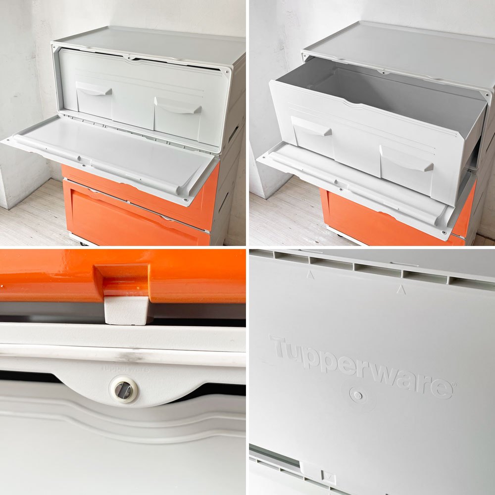 タッパーウェア Tupperware スーパーチェスト ワイド Super chest Wide 引出1段 オレンジ 3段セット 専用カート付 ★