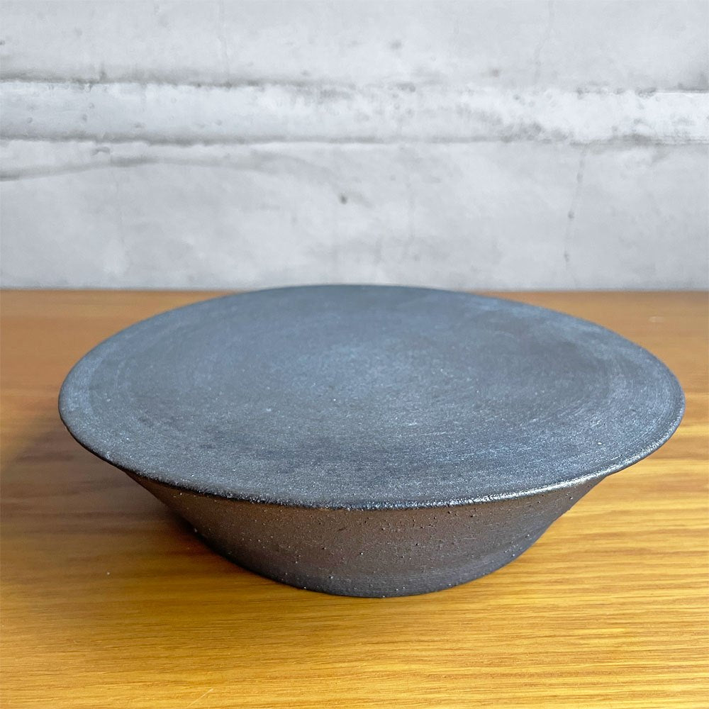 花岡隆 黒陶台皿 約19.5×H4.8cm 花釜 現代作家♪