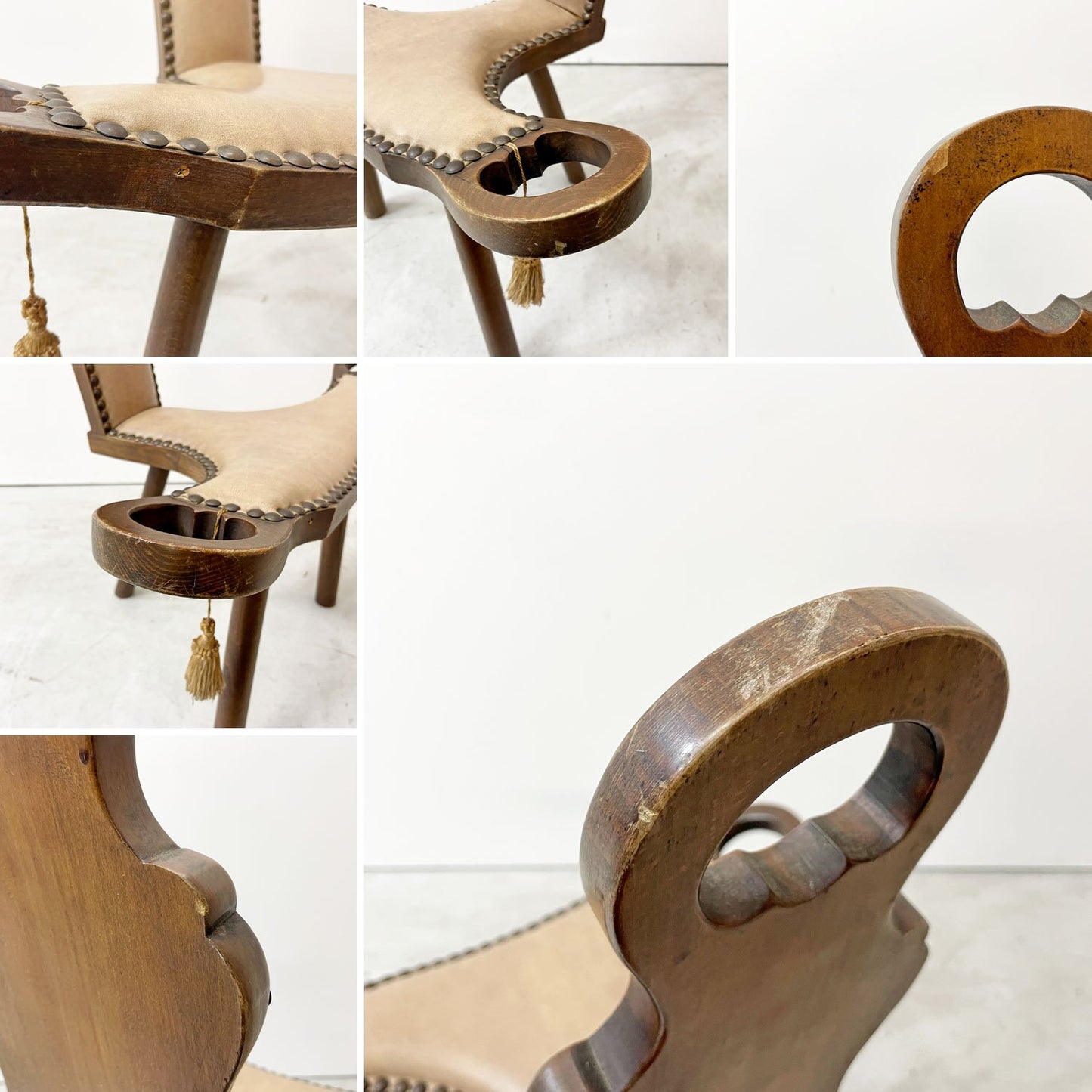 ビンテージ Vintage スパニッシュスツール シェファードチェア バースチェア ミルクチェア 無垢材 PVCレザー 鋲打ち 木彫 3本脚 スペイン ●