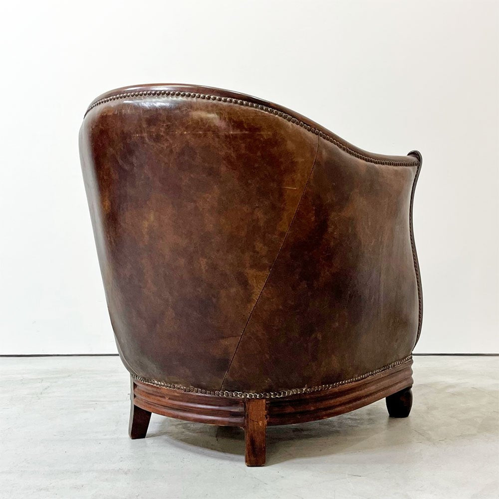 ハロ HALO デコ タブ チェア DECO TUB CHAIR ラウンジチェア 1人掛けソファ 本革 ラバーウッド ビンテージ加工 鋲打 アスプルンド取扱い 現状品 ●