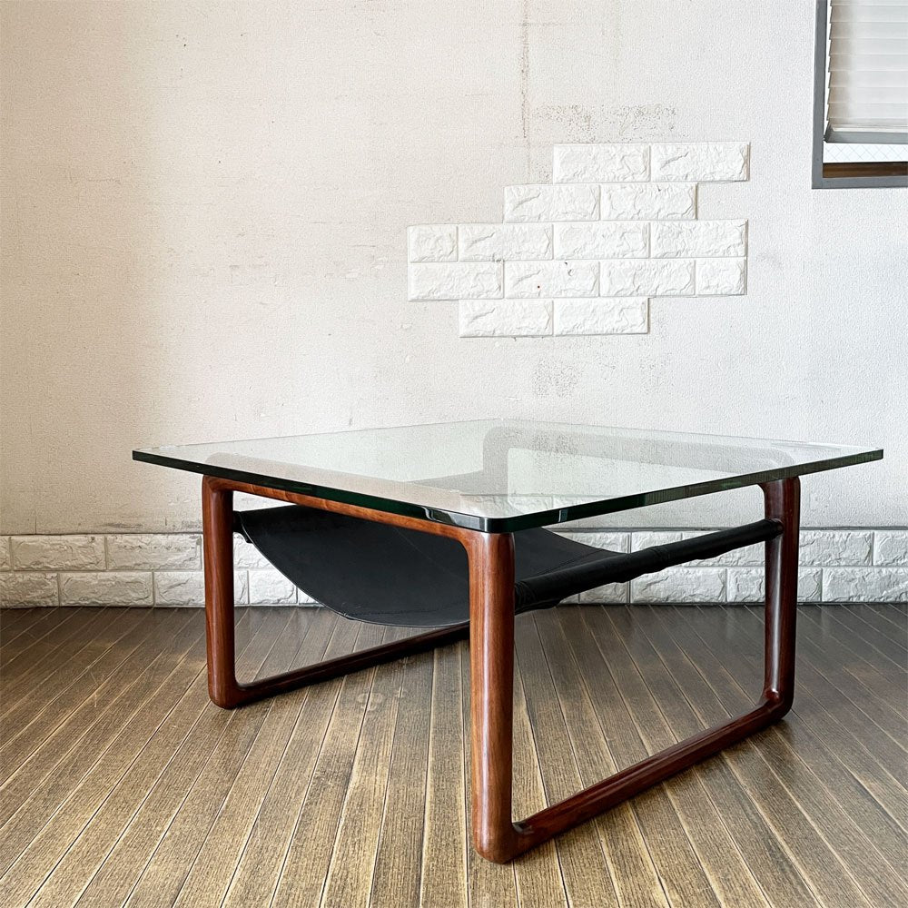 ケンオクヤマデザイン KEN OKUYAMA DESIGN ハンモック リビングテーブル ローテーブル ガラス×ウォールナット×ブラックレザー W80cm 奥山清行 定価￥99,800- 廃番 ◎