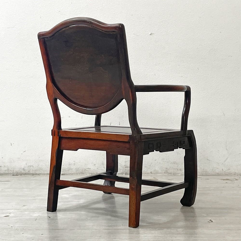 唐木家具 無垢材 龍紋彫刻 肘付き椅子 アームチェア 中国家具 伝統工芸 飾り彫り B●
