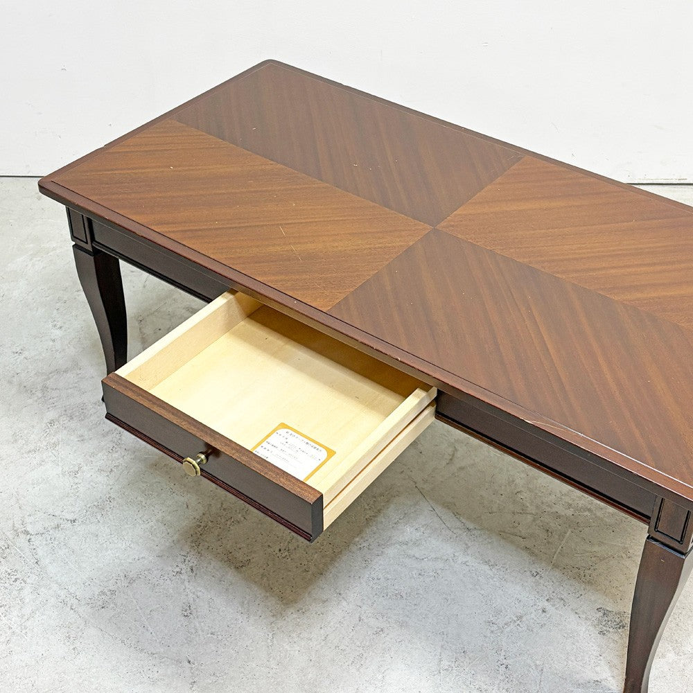 東海家具工業 センターテーブル コーヒーテーブル 抽斗1杯 寄木天板 猫脚 W110cm クラシカルデザイン ●