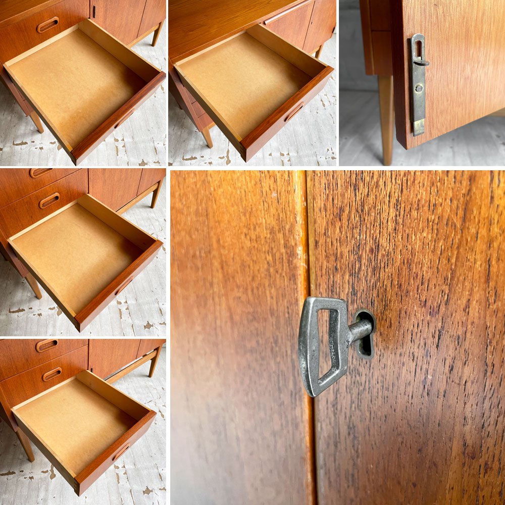 スウェーデンビンテージ チーク材 キャビネット オープンシェルフ 食器棚 飾り棚 ルームディバオダー スライド天板（ベロ付） 鍵付き ♪