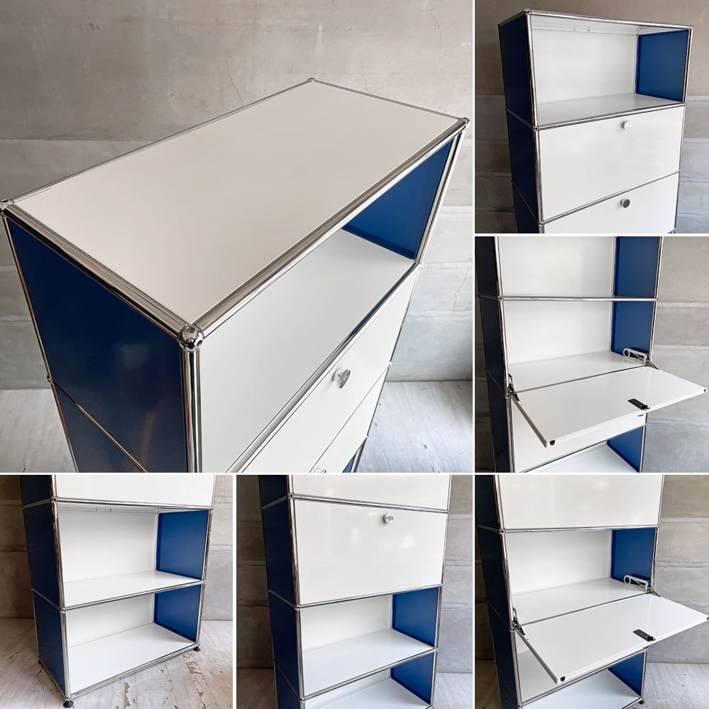 ユーエスエムハラー USM Haller モジュラーファニチャー キャビネット シェルフ 1列5段 ピュアホワイト×ジェンシャンブルー ドロップダウンドア×2 アジャスター付 スイス♪