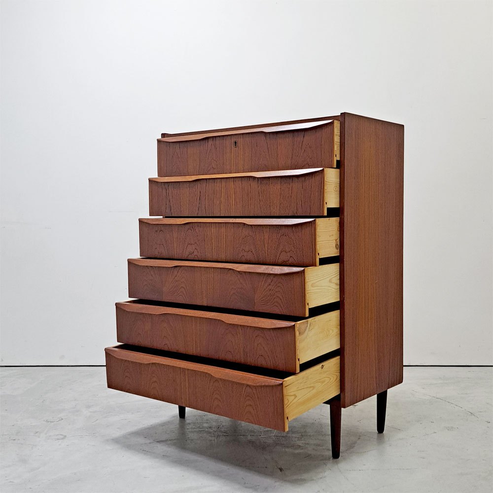 北欧ビンテージ Scandinabian Vintage チェスト 6ドロワーズ チーク材 H108cm デンマーク 北欧家具 鍵欠品 ●