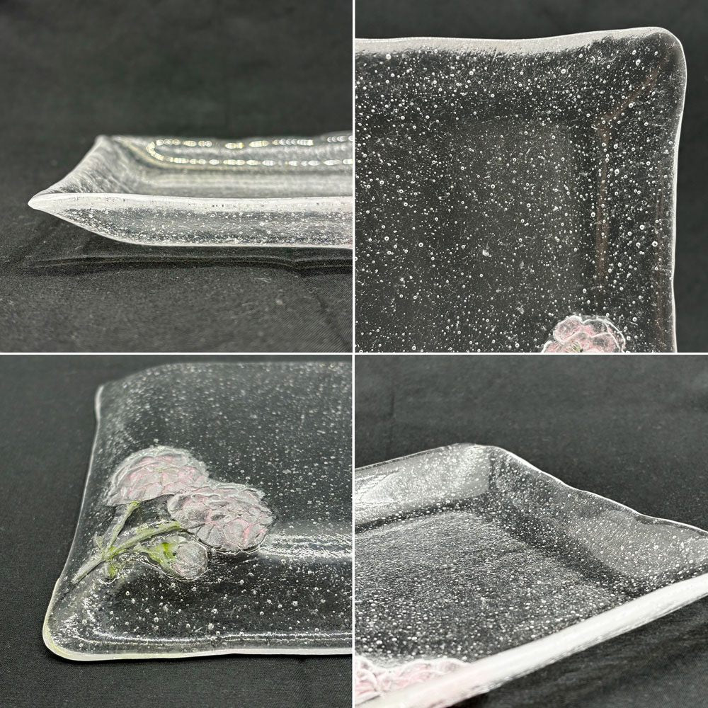 岡田多恵 ガラス 角皿 スクエアプレート パートドヴェール 花 14cm 現代作家 A ●
