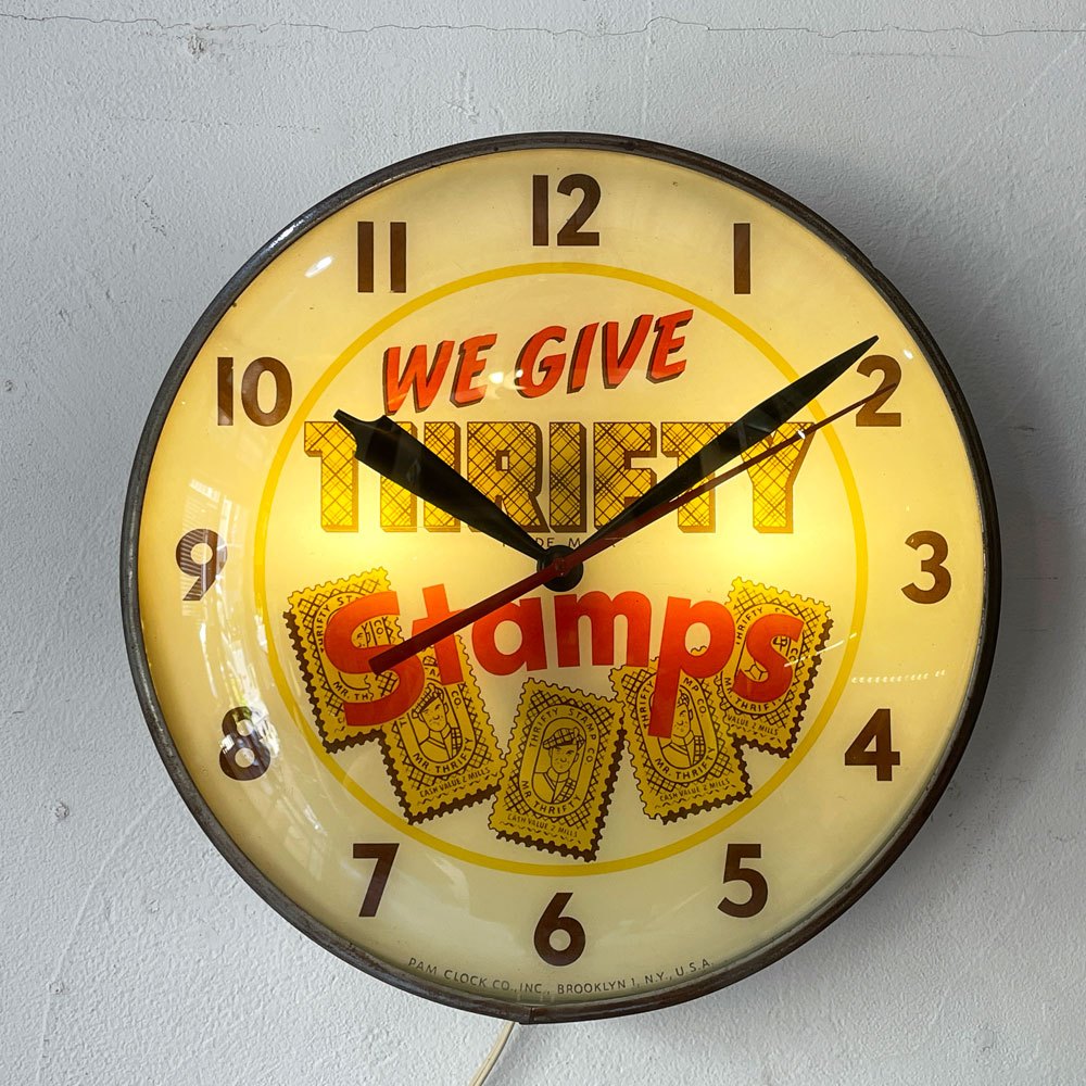 PAM Clock Co. Thrifty Stamps 電飾サインクロック 照明付き時計 USビンテージ  50s 60s 時計不動 ★