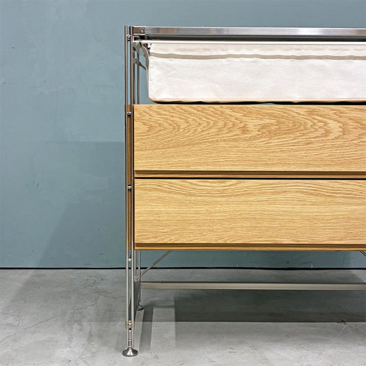 無印良品 MUJI ステンレスユニットシェルフ オーク材2段引き出し 帆布バスケットセット ワイド 小 幅84.5×奥行41.5×高さ83cm ◎