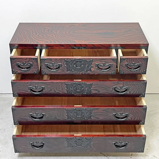 岩谷堂箪笥 整理箪笥 4段6杯 チェスト 欅材 南部鉄器金具 隠し収納 桐紋様 伝統工芸 民芸家具 和家具 ●