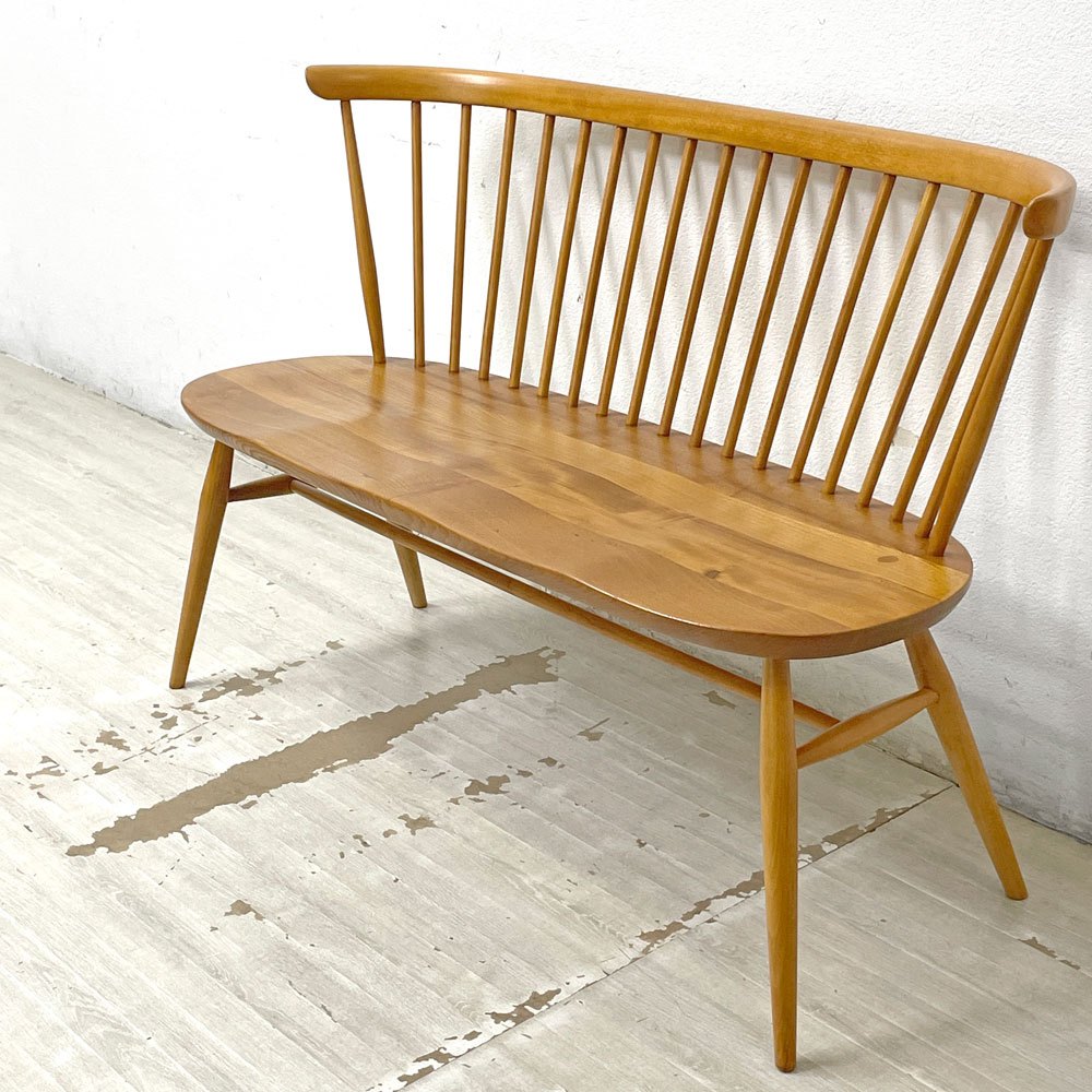 アーコール ERCOL 450 ラブシート love seat ベンチ エルム無垢材 スピンドルバック コロニアル様式 英国家具 ●