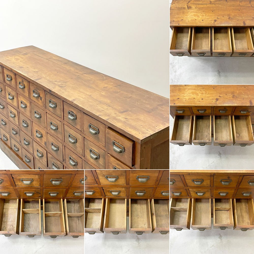ビンテージ Vintage 木製チェスト 40ドロワーズ 5段 パイン無垢材 図書カードキャビネット 薬箪笥 W162cm インダストリアルテイスト 店舗什器 ●