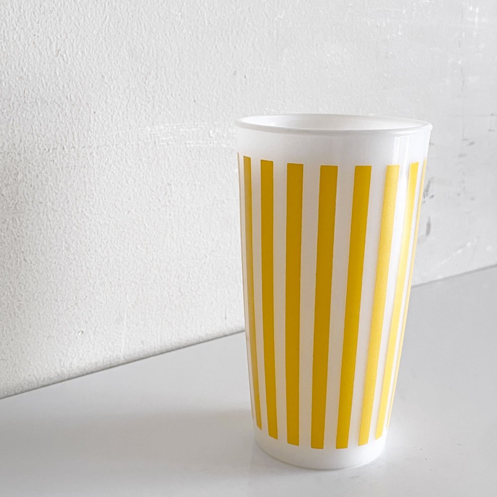 ヘーゼルアトラス Hazel Atlas  キャンディストライプ Candy Stripe ガラスタンブラー イエロー ミルクガラス 耐熱 50年代 USビンテージ ■