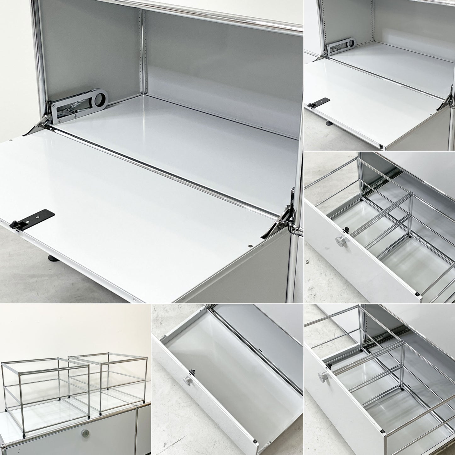 ユーエスエム ハラー USM Haller モジュラーファニチャー キャビネット シェルフ 2列2段 ライトグレー W152×H74cm ドロップダウンドア×2＋エクステンションシェルフ ×2 ハンギングフレーム×4 スイス ●