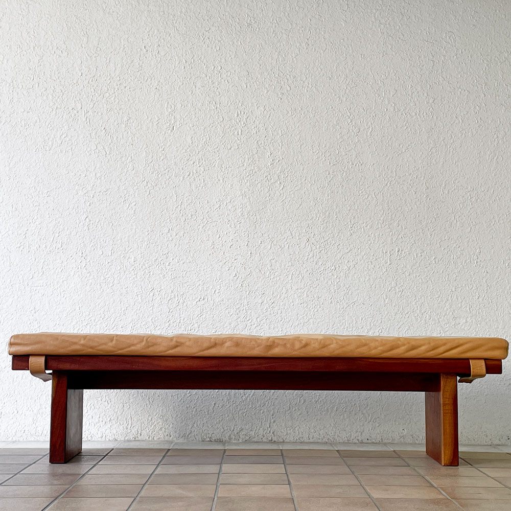 BC工房 チーク無垢材 ダイニングベンチ 本革 クッション付き 幅155cm 国産クラフト家具 ナチュラルモダン ◇