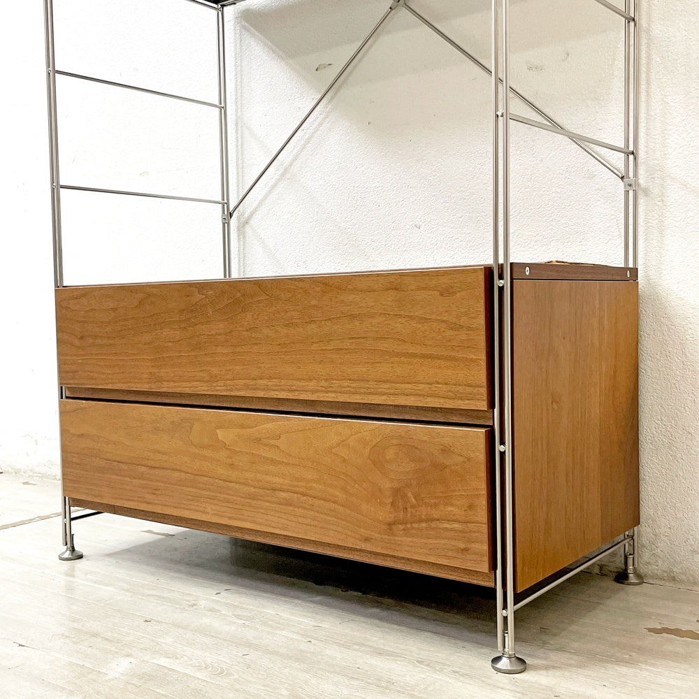無印良品 MUJI ステンレスユニットシェルフ ウォールナット 棚板×2枚 抽斗2段 ガラス戸 W85.5cm H175.5cm 収納家具 ●