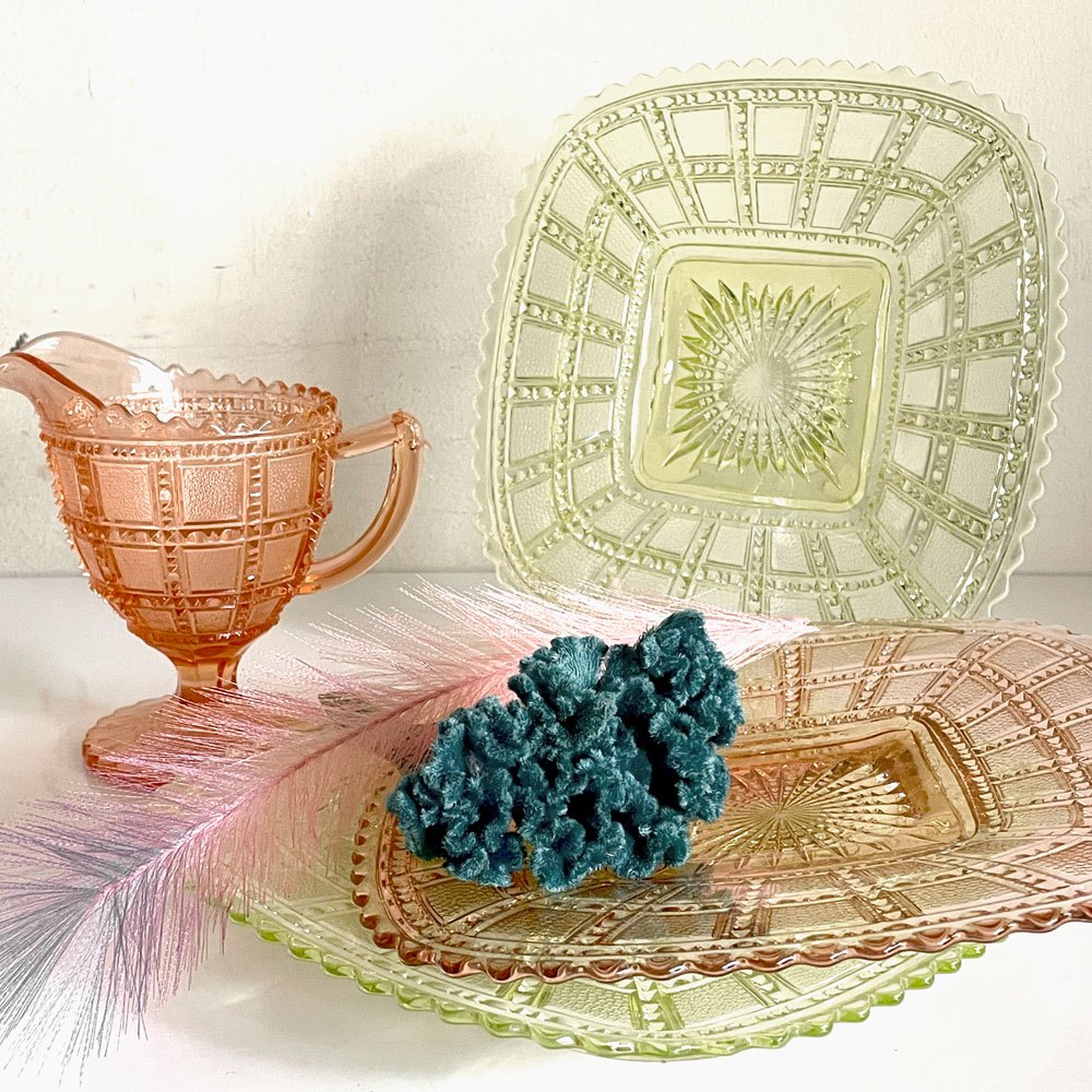 インペリアルグラス Imperial Glass ビーデッドブロック Beaded Block スクエアプレート ガラス イエロー W19.5cm USビンテージ A ■