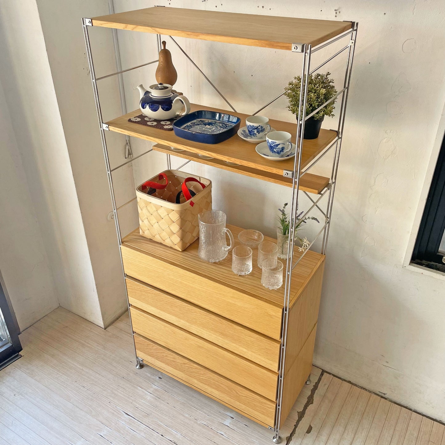 無印良品 MUJI ステンレスユニットシェルフ オーク材 棚3枚 2段引出し2個 小棚 収納家具★
